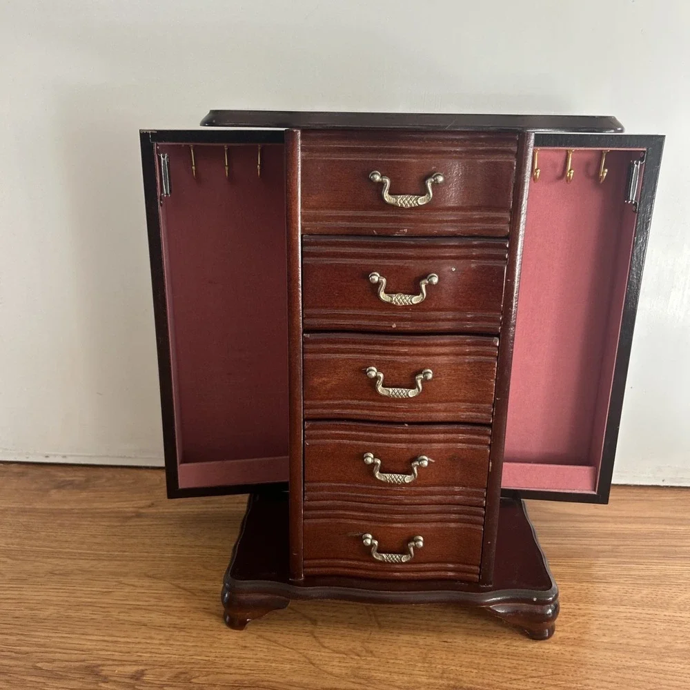 Vintage Wooden Jewelry Armoire Chest 5 Drawers Side Doors Mirror Organizer